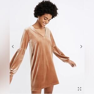 Madewell Velvet Balloon-Sleeve Dress, Size Large, Burnt Sienna Brown Tan Mini